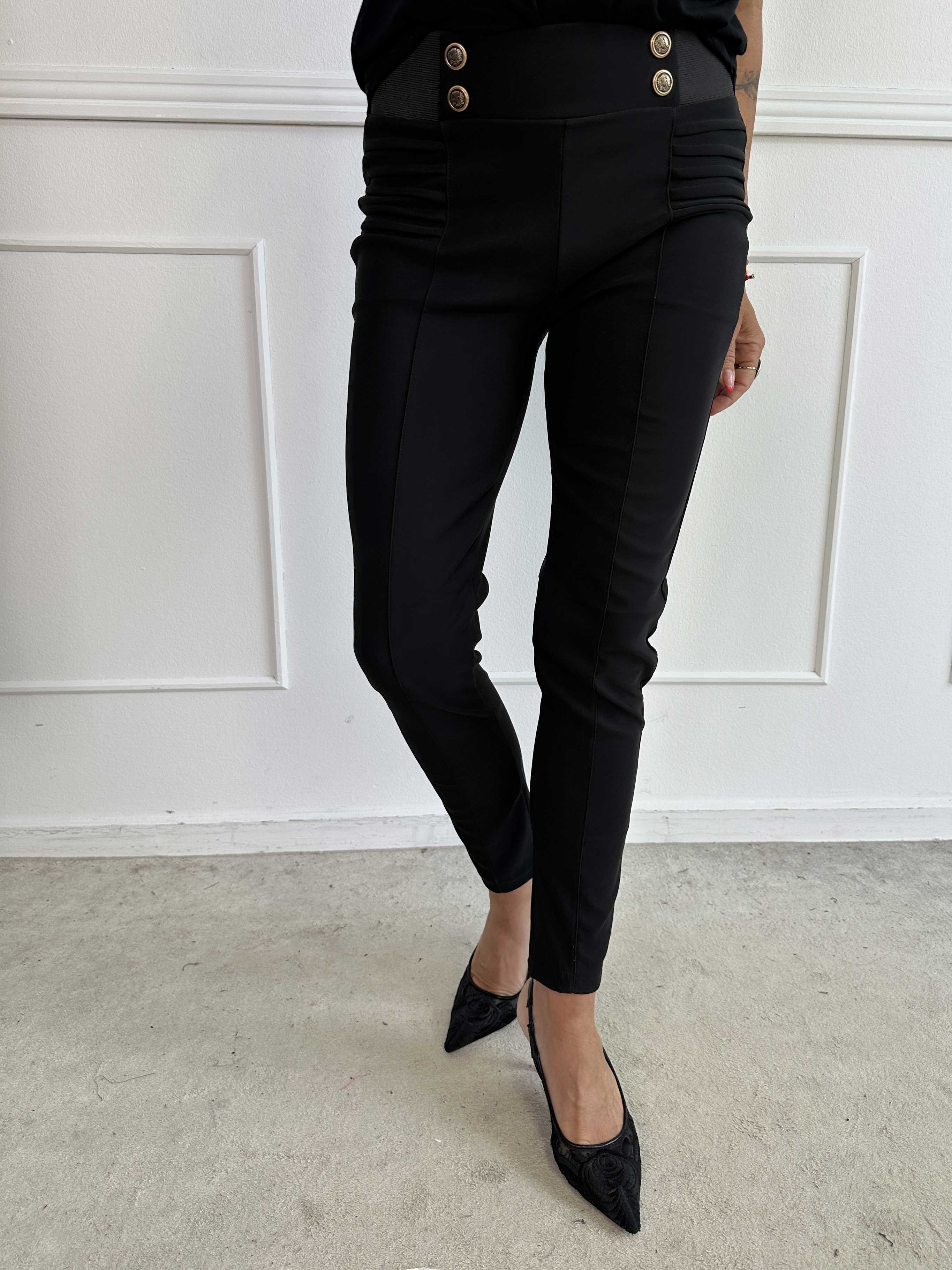 Idalia - Svarta mjuka leggings med knappar och bred resår i midjan